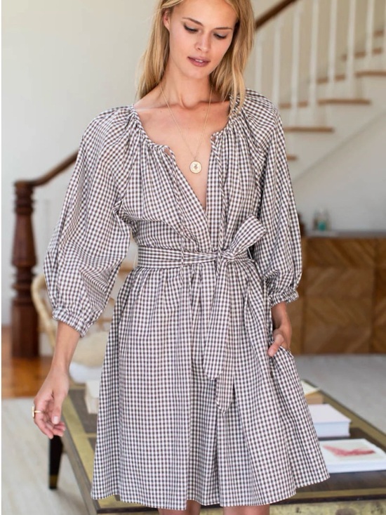 Emerson Fry Dresses & Skirts - Emerson Fry RAKEL KEYHOLE SHORT DRESS - COFFEE GINGHAM 100% Cotton